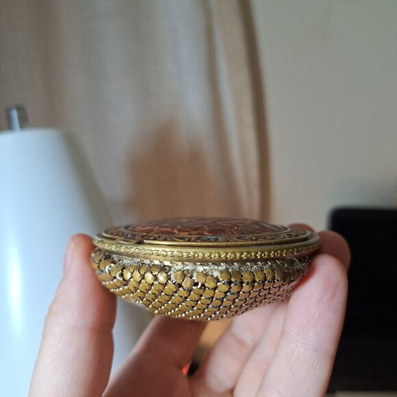 Vintage Art Deco Mesh Bag Make Up Powder Compact Gold Tone - Picture 5 of 6